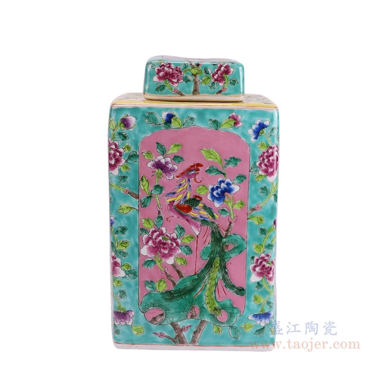 RZFA11-D 娘惹瓷粉彩绿底开窗凤凰牡丹纹四方罐   