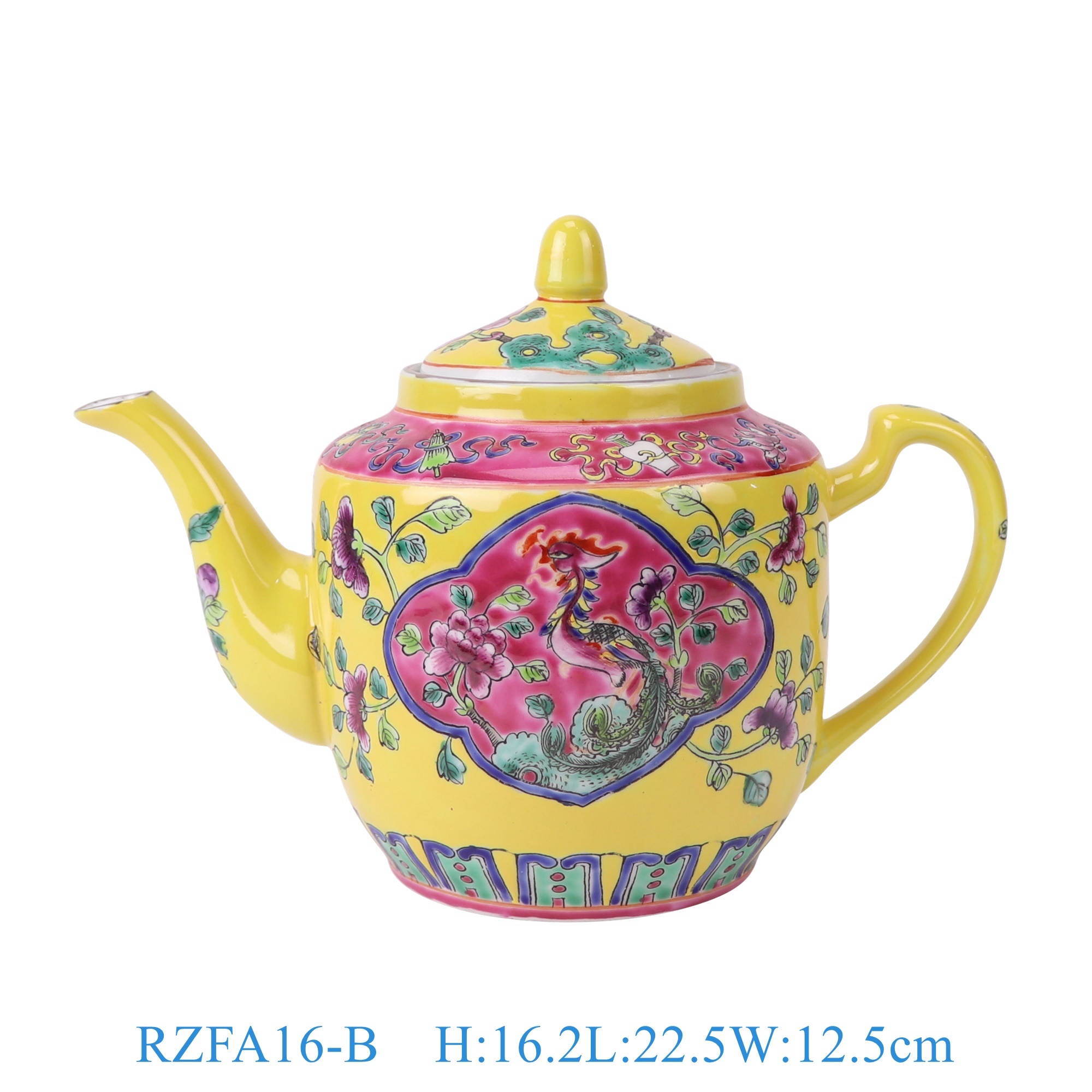 RZFA16-B 娘惹瓷粉彩黄底开窗凤凰牡丹纹茶壶   