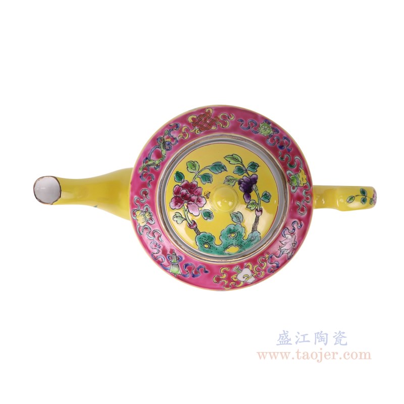 RZFA16-B 娘惹瓷粉彩黄底开窗凤凰牡丹纹茶壶   