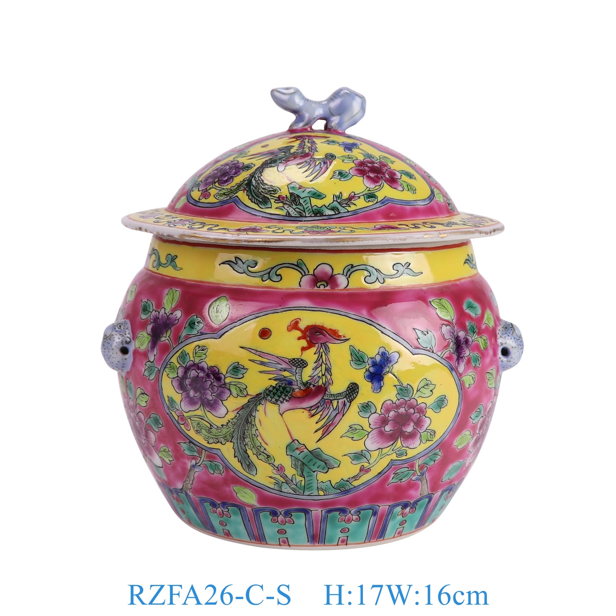 RZFA26-C-S 娘惹瓷粉彩红底开窗凤凰牡丹纹饭鼓小号 