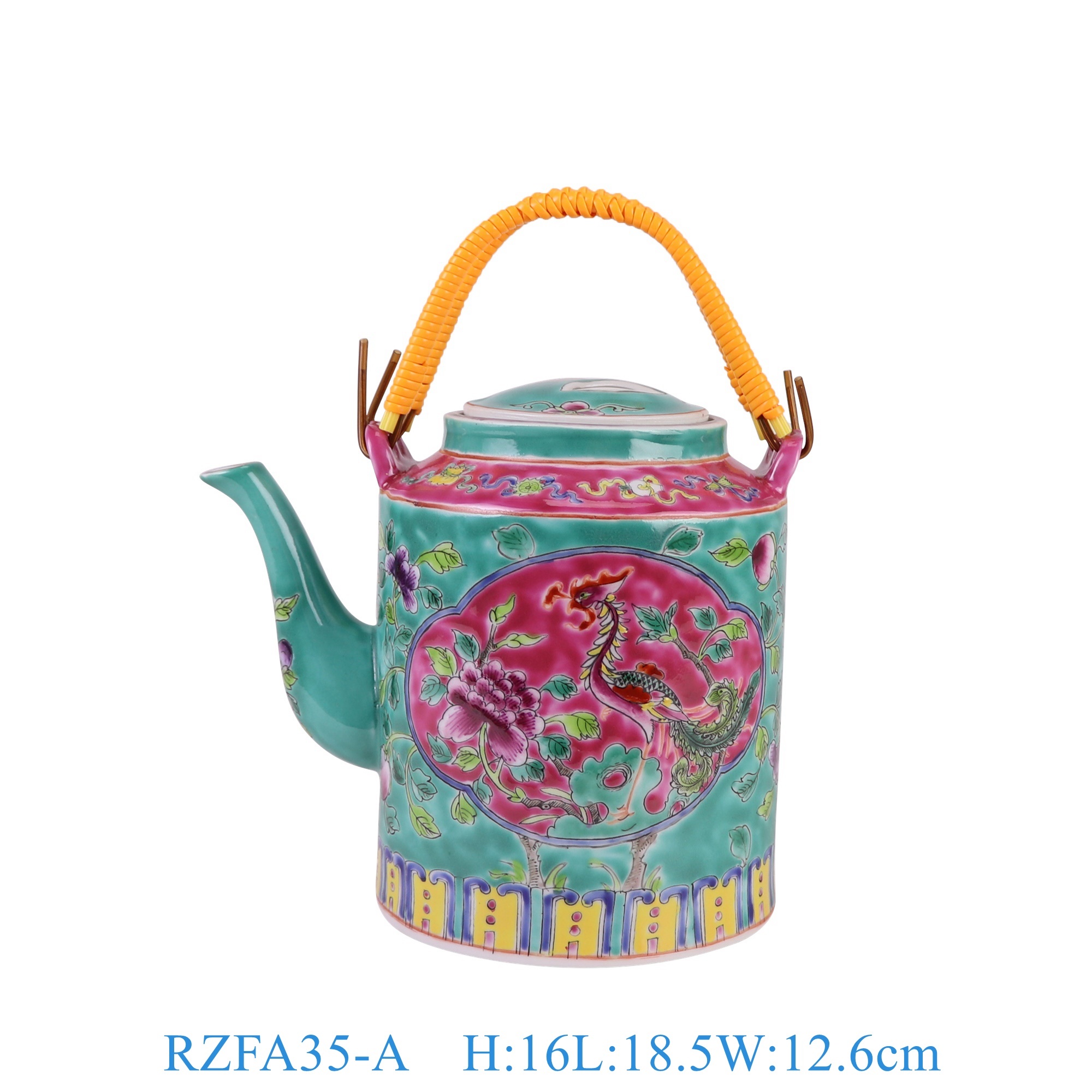 RZFA35-A 娘惹瓷绿底开窗凤凰牡丹纹提梁壶   