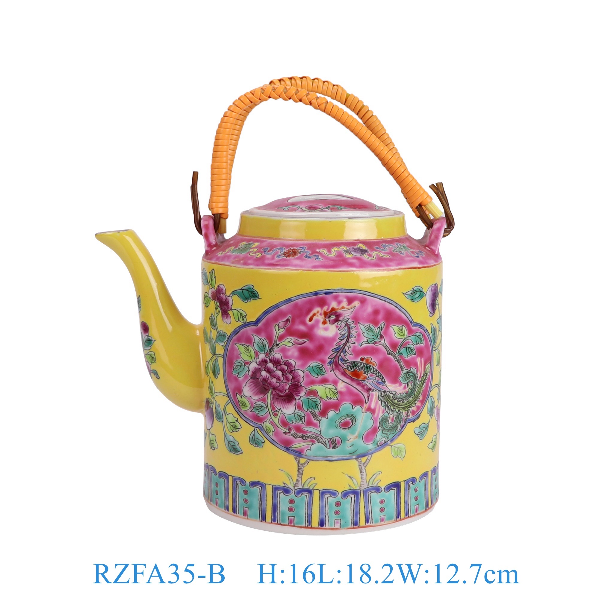 RZFA35-B 娘惹瓷黄底开窗凤凰牡丹纹提梁壶   