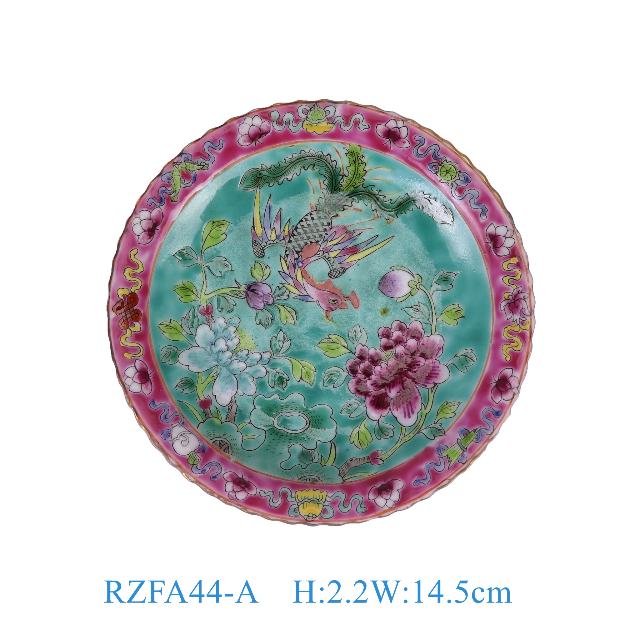 RZFA44-A 娘惹瓷粉彩绿底凤凰牡丹纹5.5寸花边盘