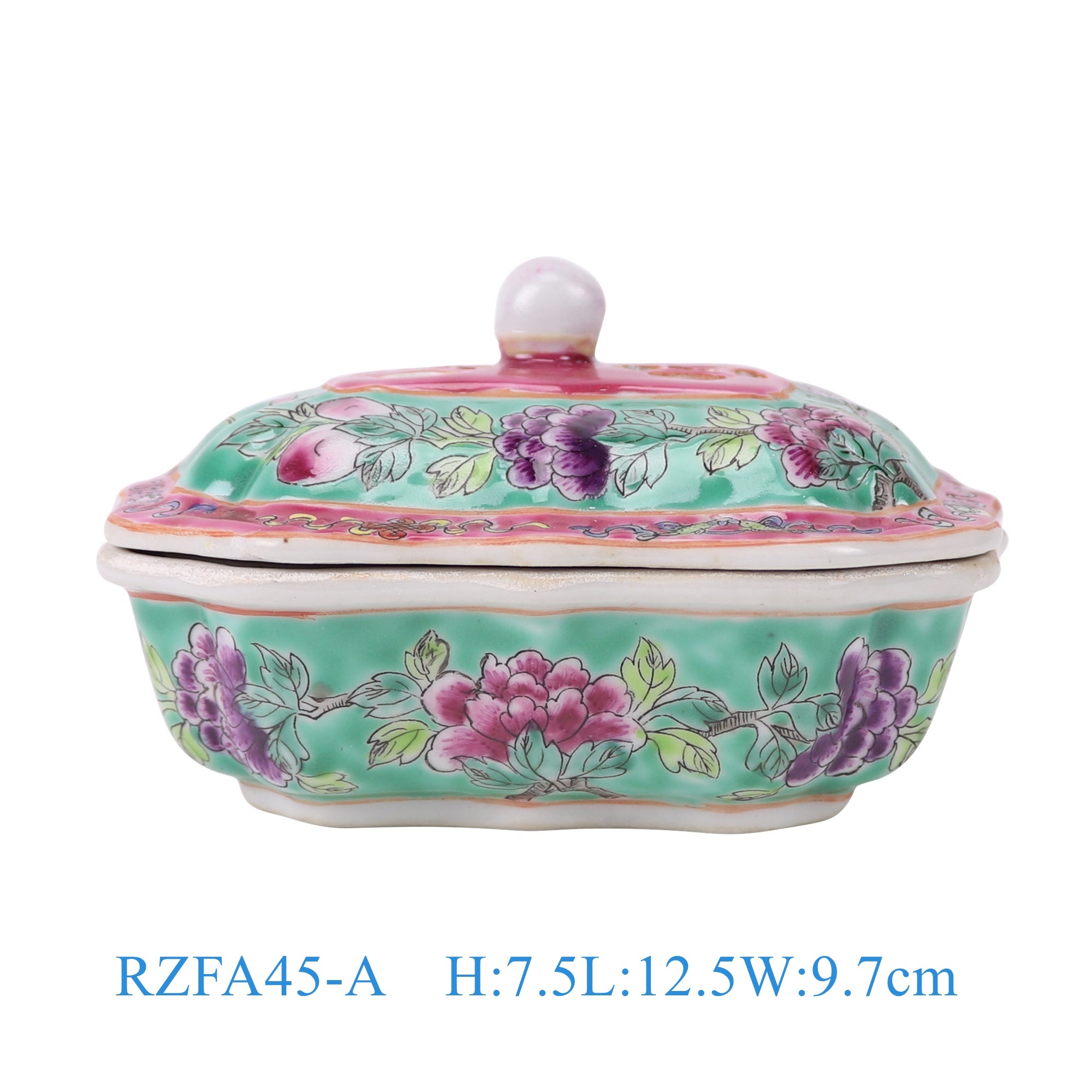 RZFA45-A 娘惹瓷粉彩绿底牡丹纹花边果盒   