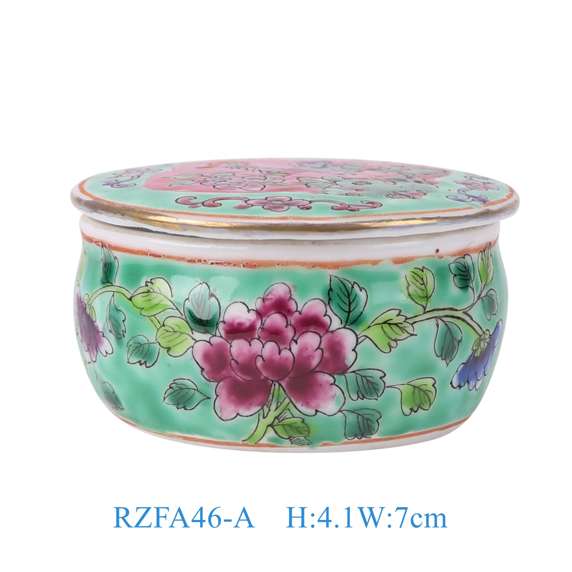 RZFA46-A 娘惹瓷粉彩绿底牡丹纹圆果盒盖罐