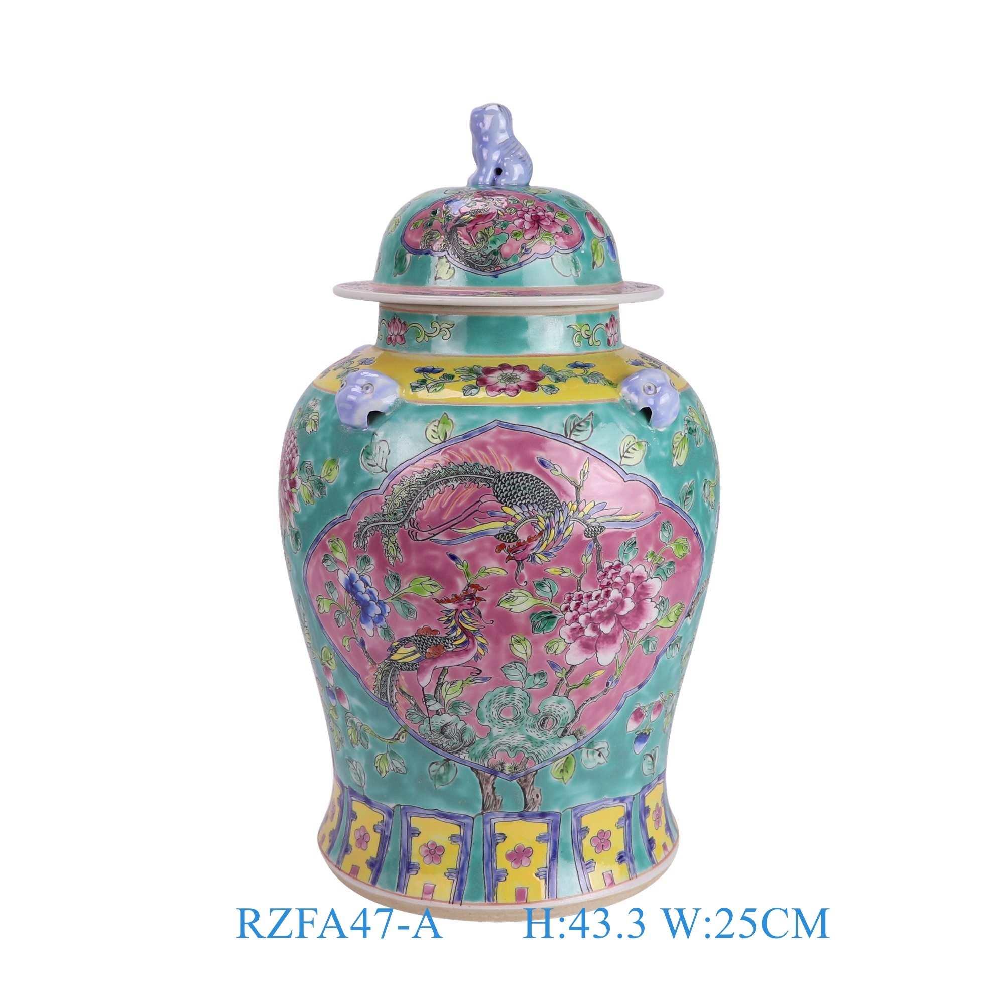 RZFA47-A 娘惹瓷粉彩绿底开窗凤凰牡丹花纹将军罐 
