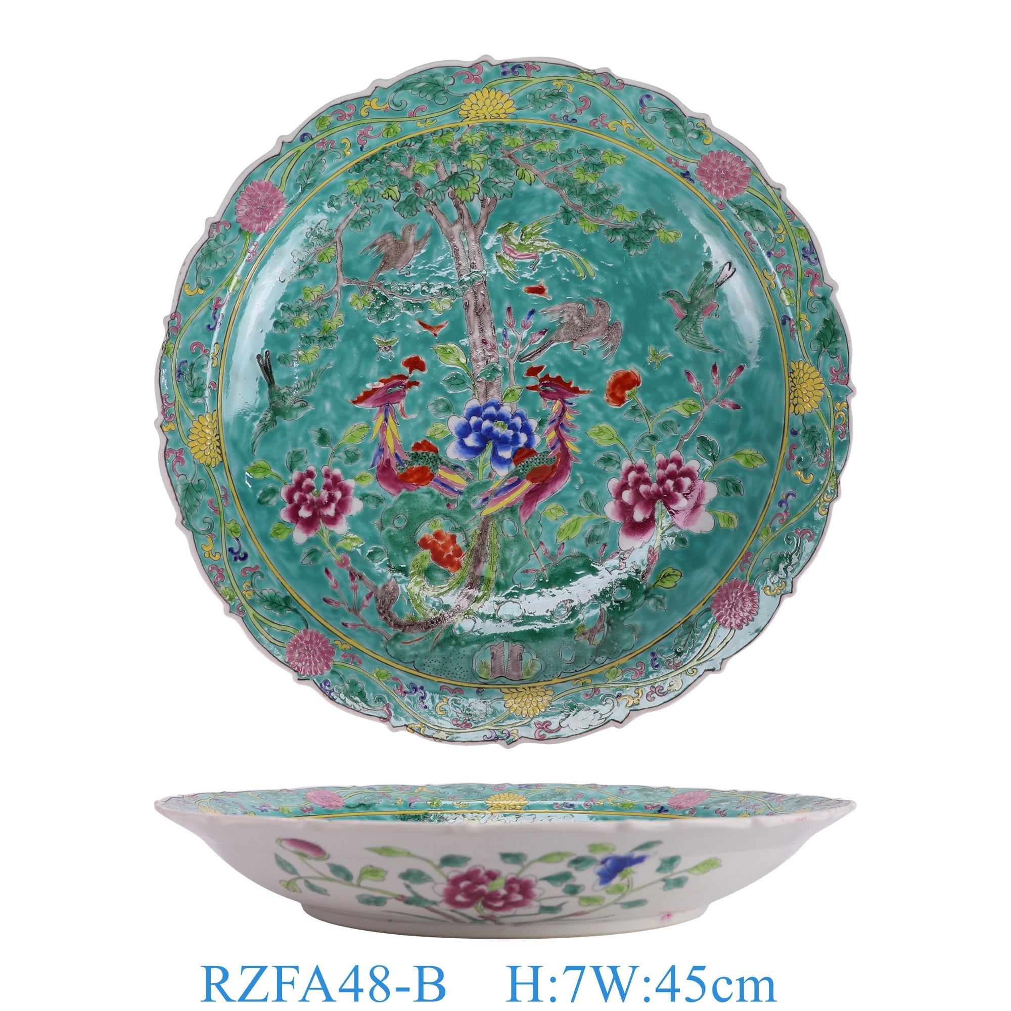 RZFA48-B 娘惹瓷绿底凤凰花鸟牡丹纹18寸花边盘  