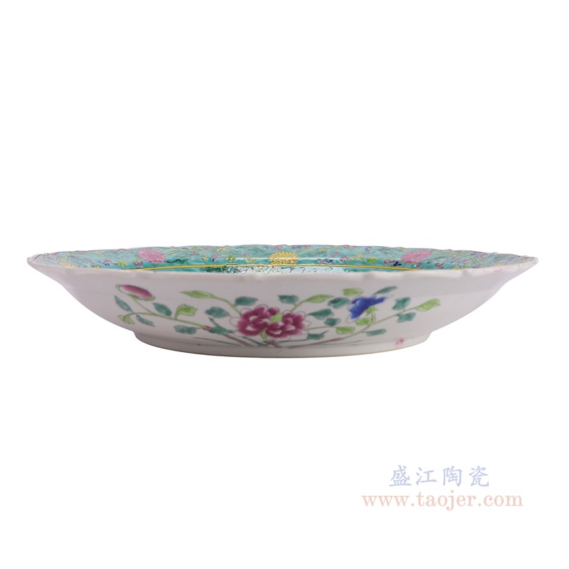 RZFA48-B 娘惹瓷绿底凤凰花鸟牡丹纹18寸花边盘  