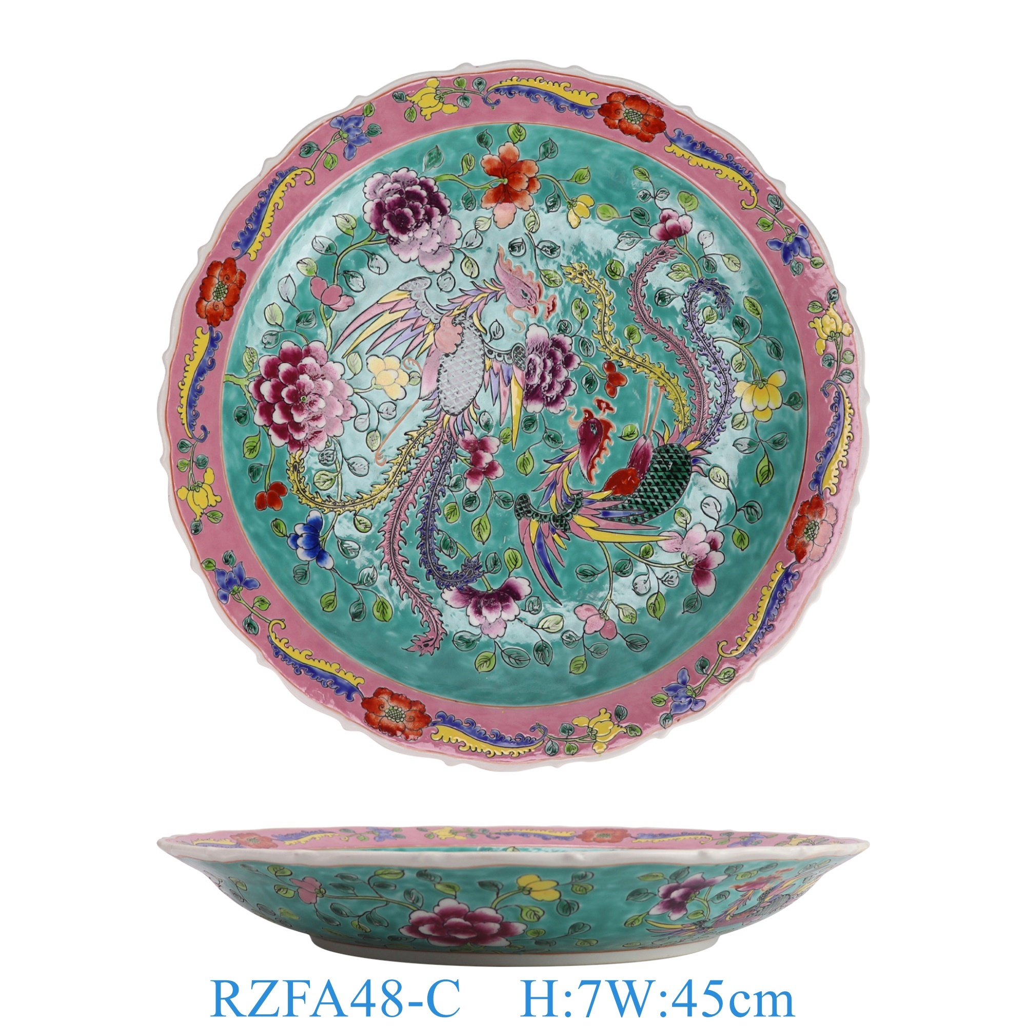 RZFA48-C 娘惹瓷绿底双凤凰牡丹纹18寸花边盘   