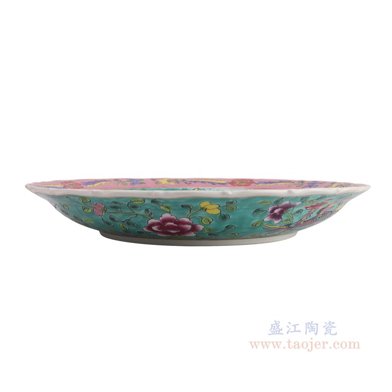 RZFA48-C 娘惹瓷绿底双凤凰牡丹纹18寸花边盘   
