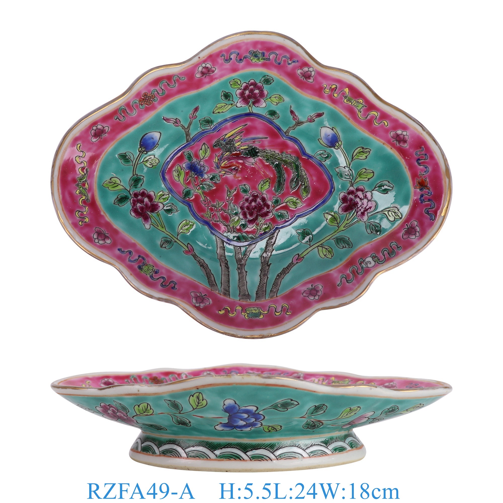 RZFA49-A 娘惹瓷绿底开窗凤凰牡丹纹高脚花边果盘  