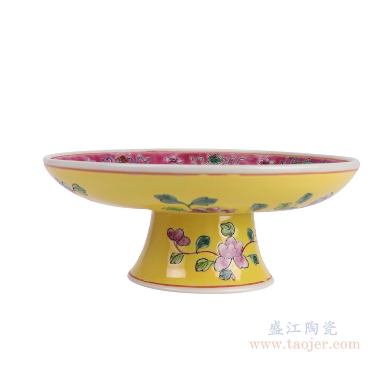 RZFA50-C 娘惹瓷黄底凤凰牡丹纹高脚圆果盘   