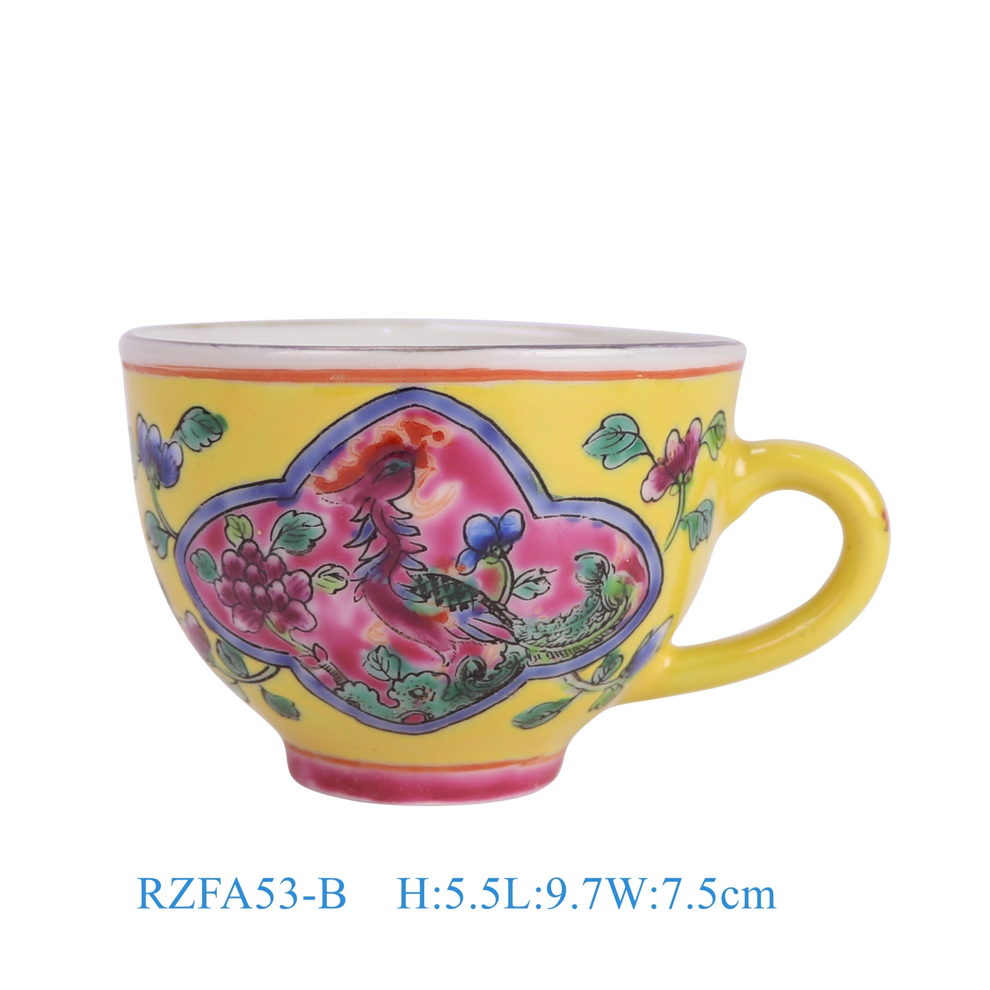 RZFA53-B 娘惹瓷黄底开窗凤凰牡丹纹茶杯