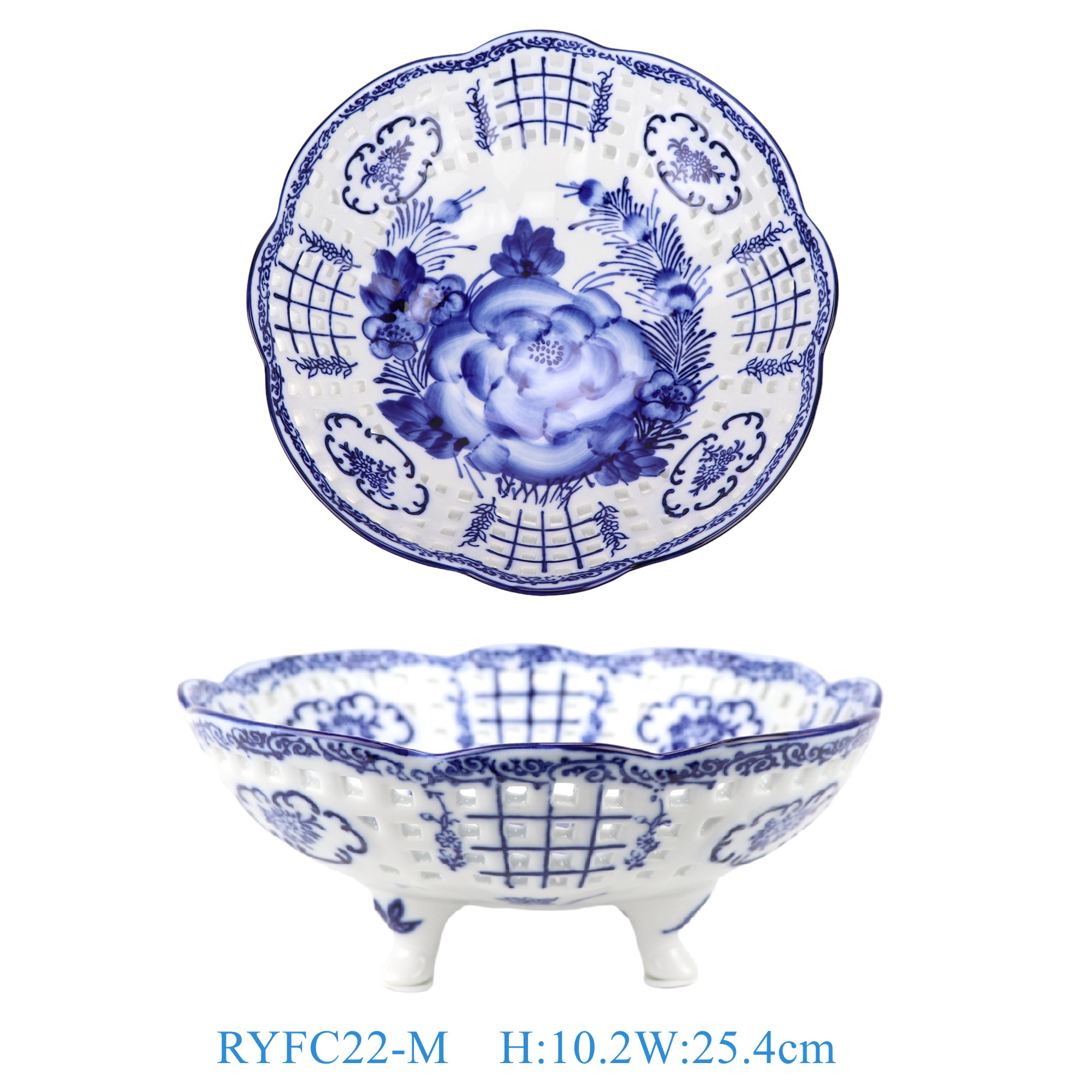 RYFC22-M 青花牡丹镂空果盘中号10cun   