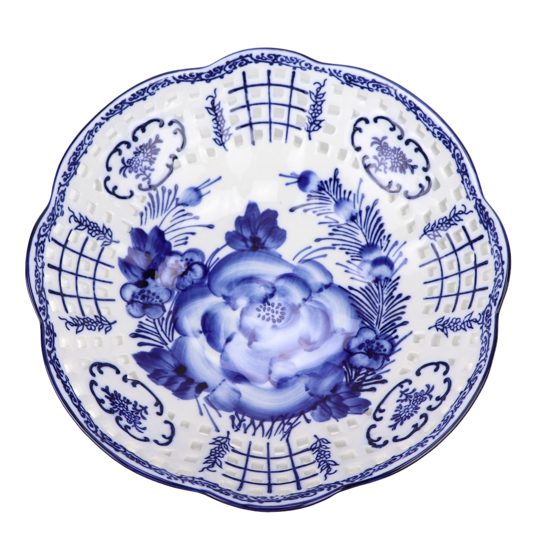 RYFC22-M 青花牡丹镂空果盘中号10cun   