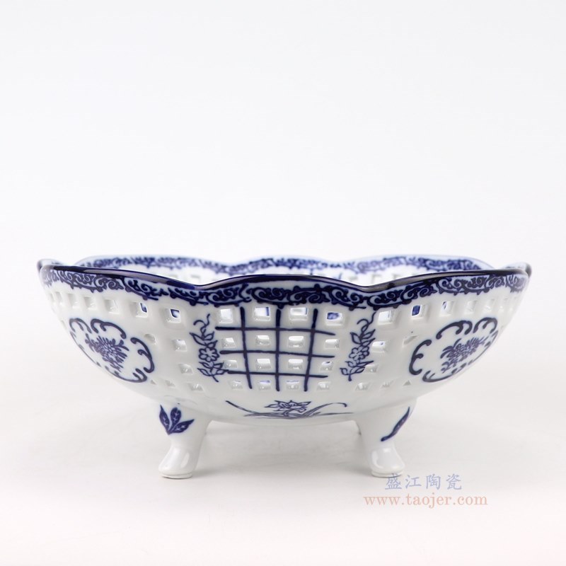 RYFC22-M 青花牡丹镂空果盘中号10cun   