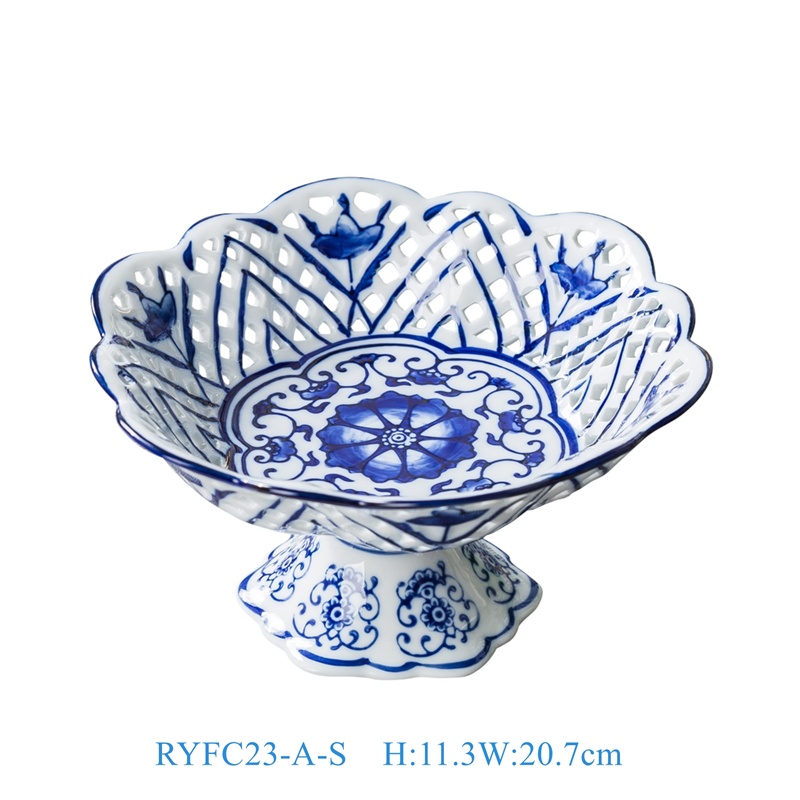 RYFC23-A-S 青花花卉镂空高脚果盘小号8cun   