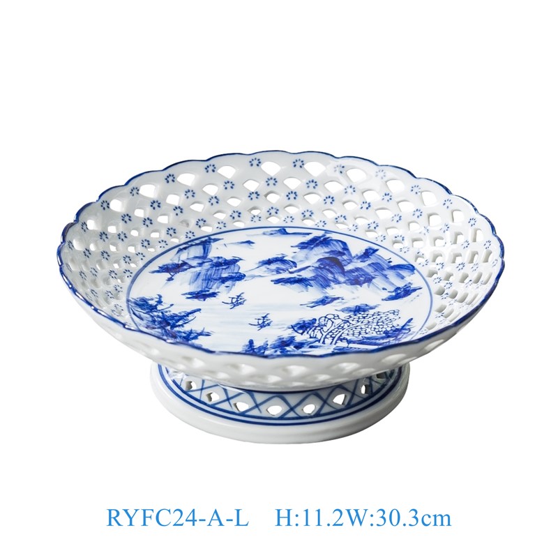 RYFC24-A-L 青花山水镂空高脚果盘大号12cun  