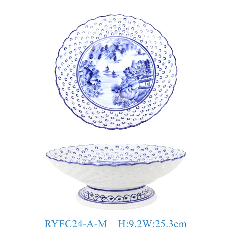RYFC24-A-M 青花山水镂空高脚果盘中号10cun   