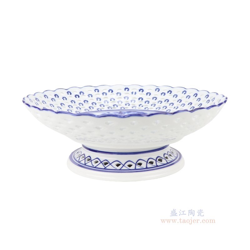 RYFC24-A-M 青花山水镂空高脚果盘中号10cun   