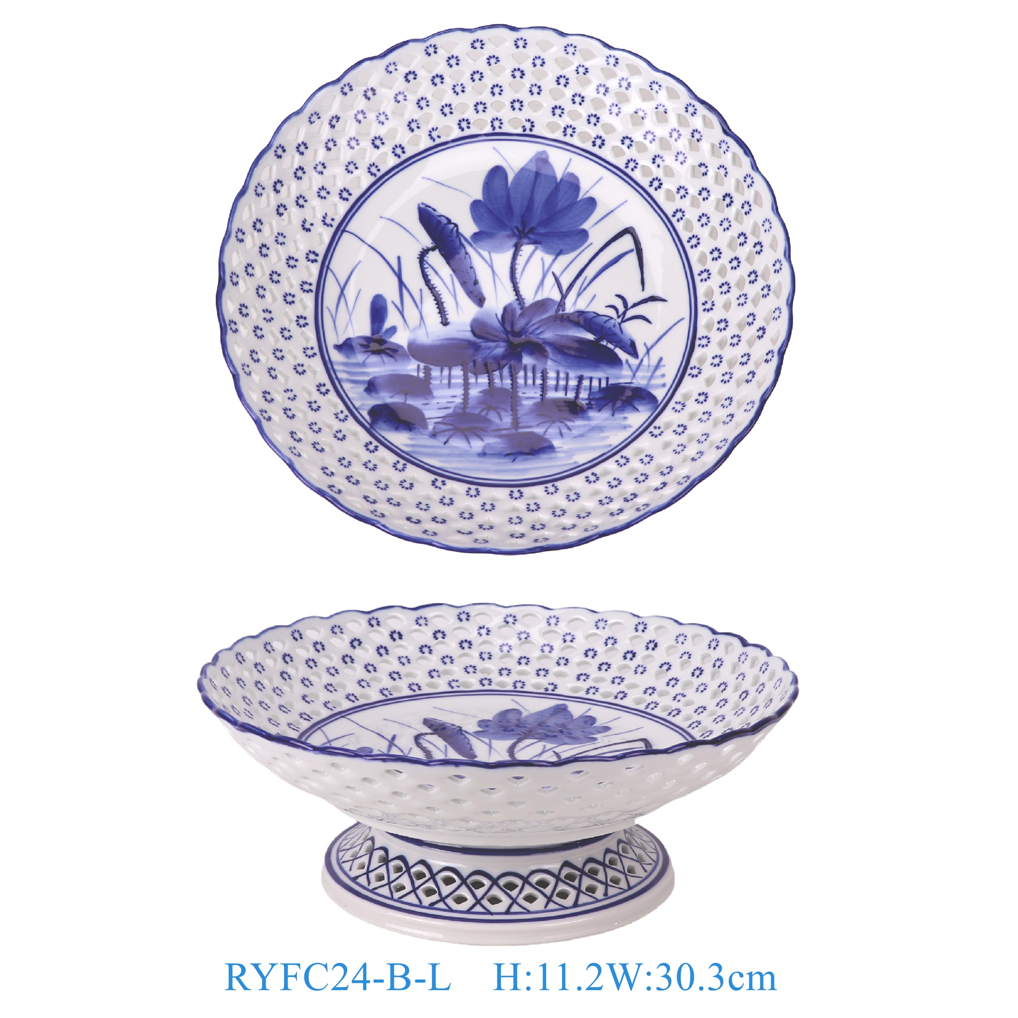 RYFC24-B-L 青花荷花镂空高脚果盘大号12cun 