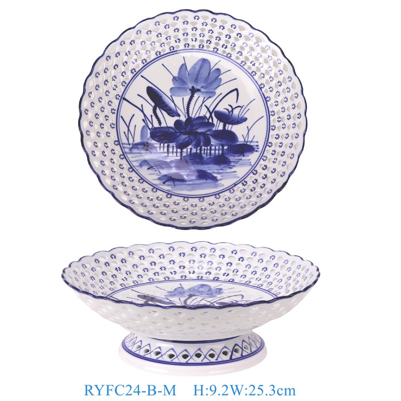 RYFC24-B-M 青花荷花镂空高脚果盘中号10cun   
