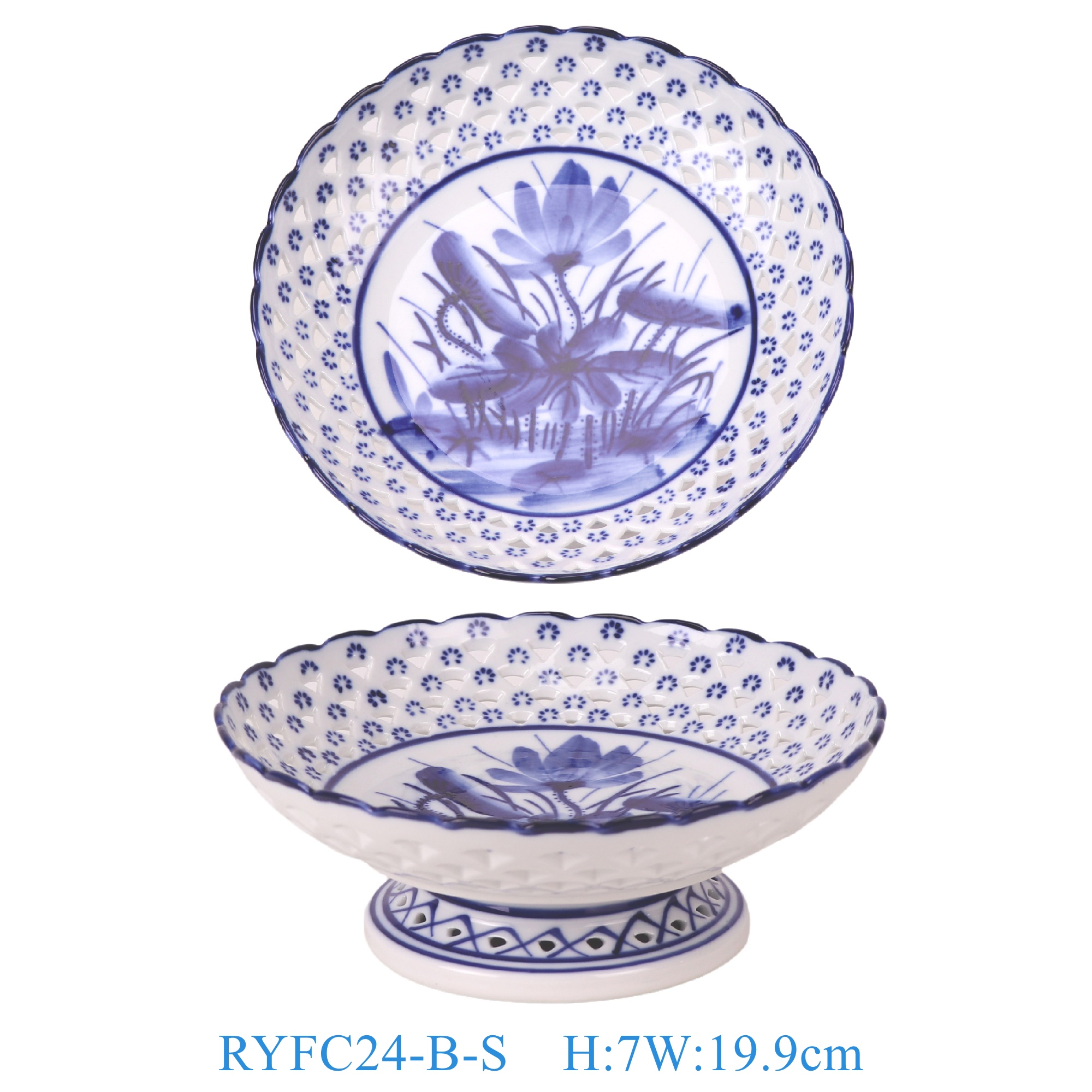 RYFC24-B-S 青花荷花镂空高脚果盘小号8cun   