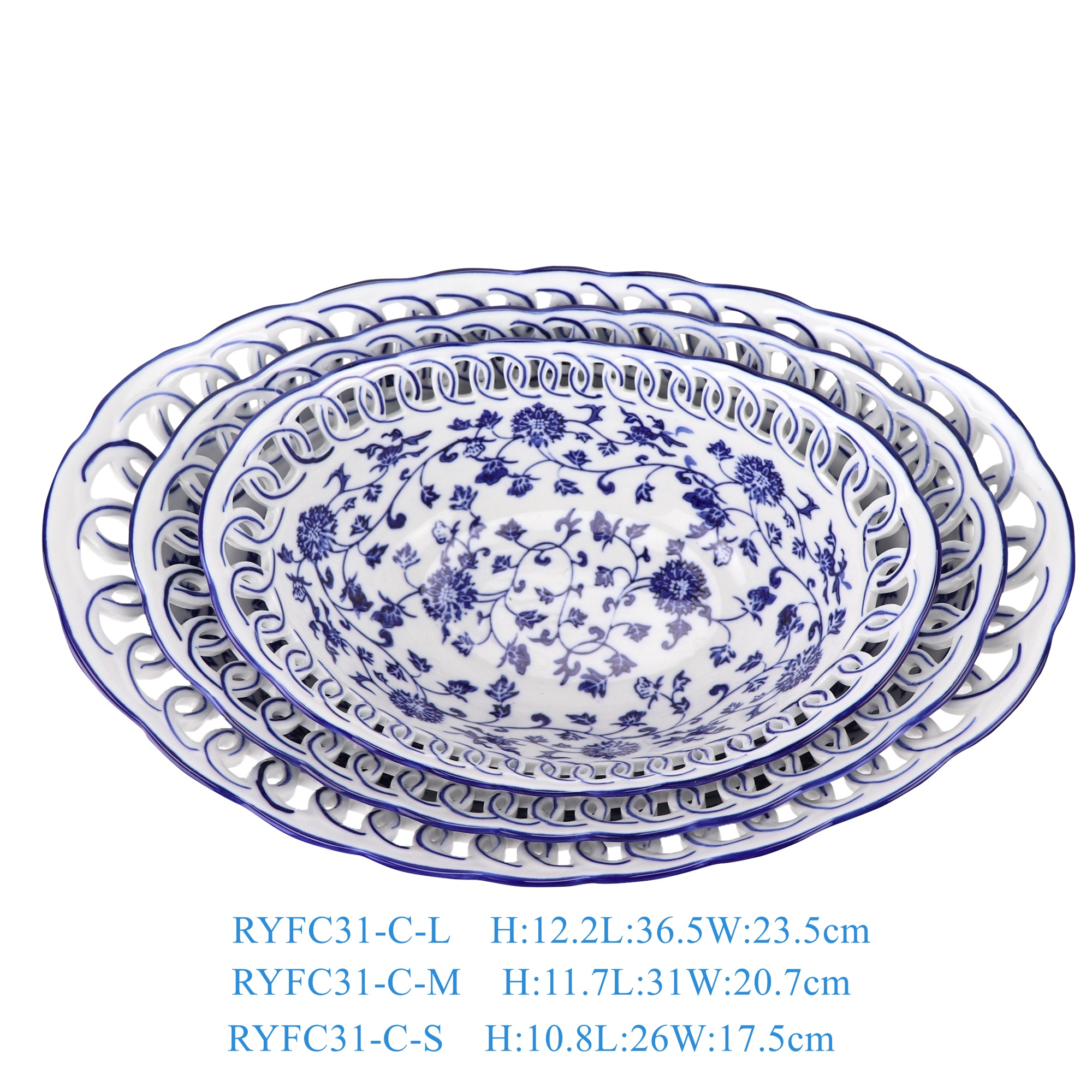 RYFC31-C-L 青花缠枝莲椭圆镂空果盘大号   