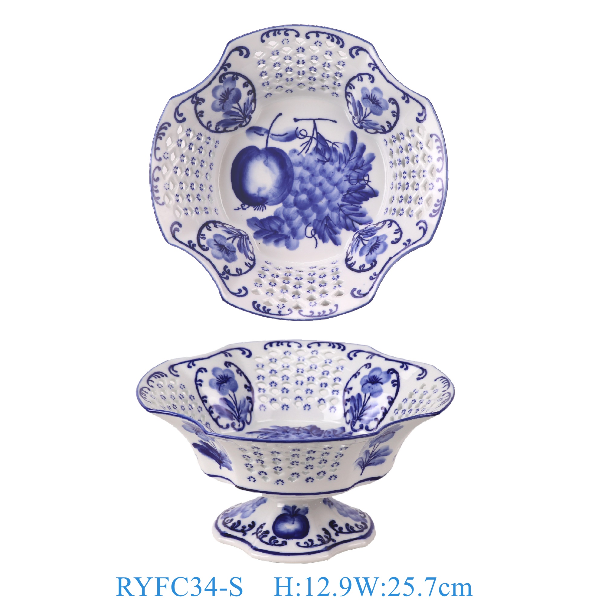 RYFC34-S 青花葡萄纹四瓣花形高脚镂空果盘小号  