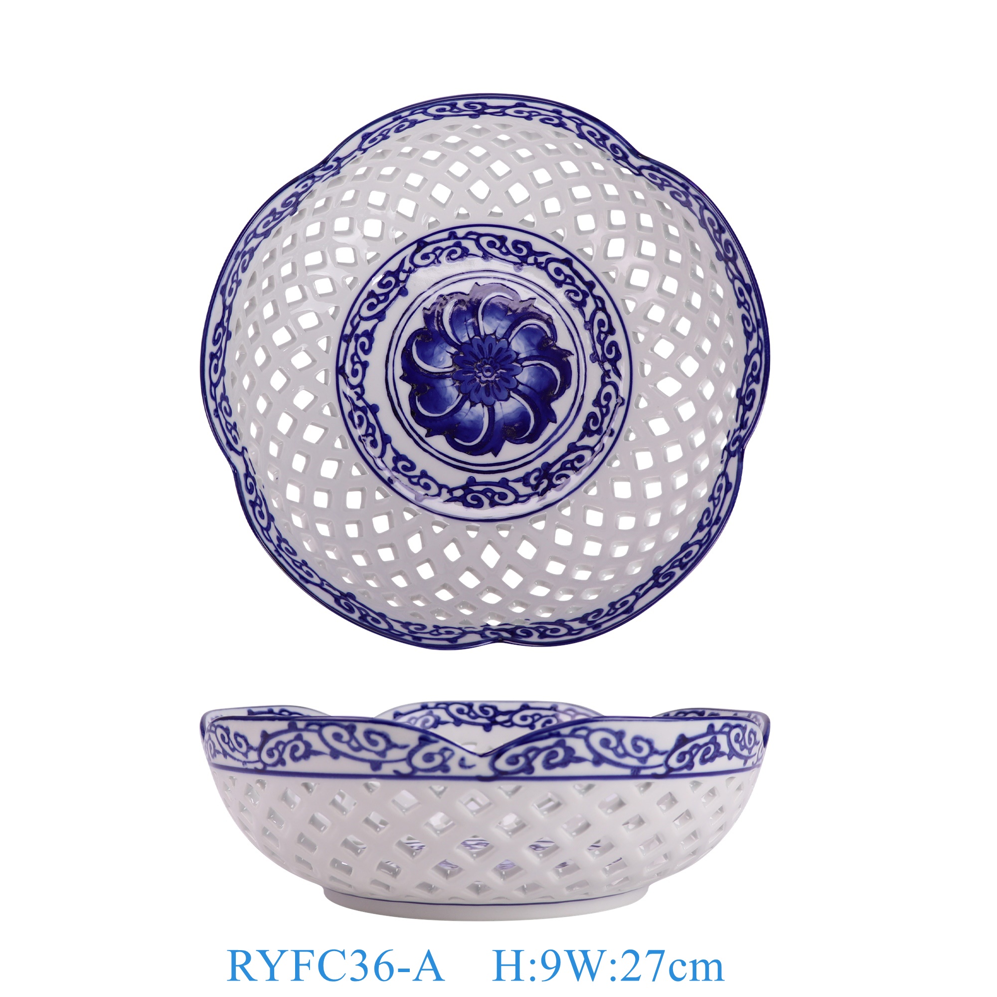 RYFC36-A 青花花卉五瓣花形镂空果盘   