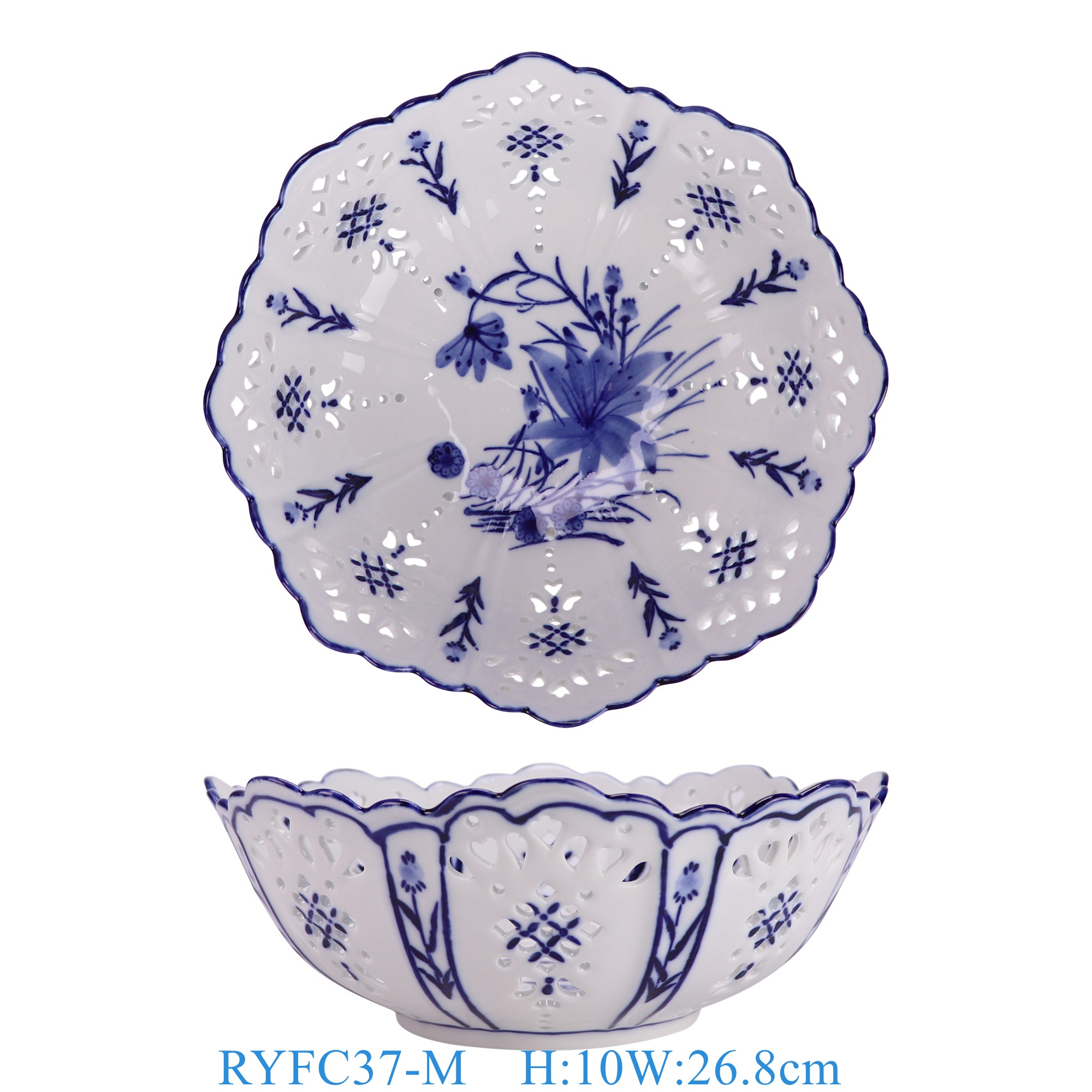 RYFC37-M 青花花叶纹八边形镂空果盘中号  