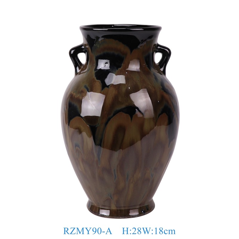 RZMY90-A 窑变黑底流金双耳花瓶花器  
