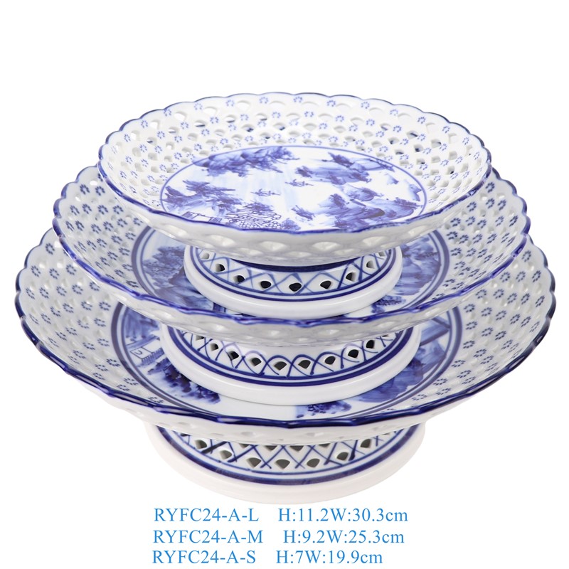 RYFC24-A-L-M-S-ZUHE 青花山水镂空高脚果盘大中小三件套 