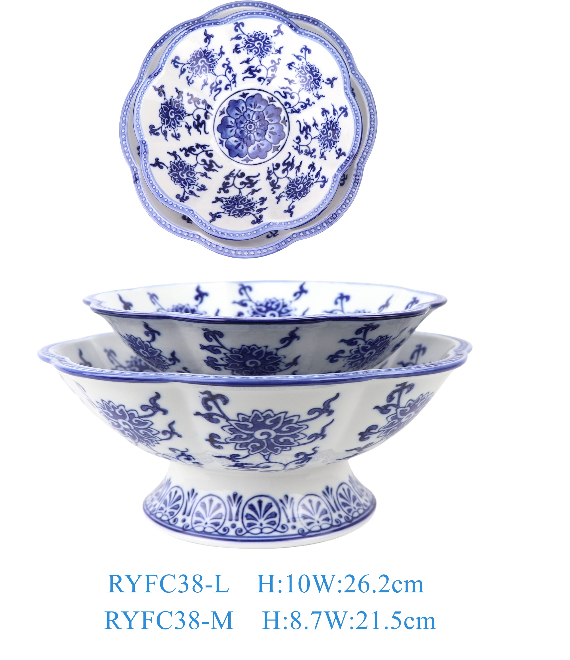 RYFC38-L 青花花卉多边花瓣形高脚果盘大号  
