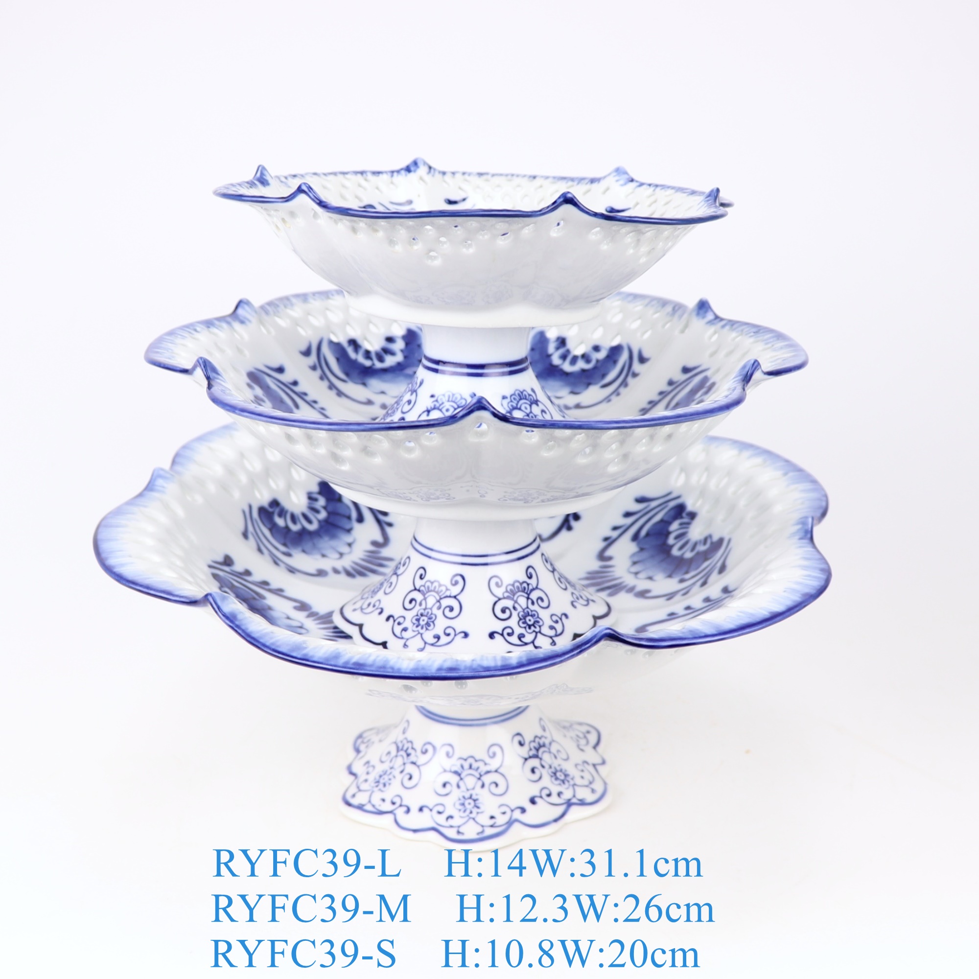 RYFC39-L-M-S-zuhe 青花花卉多边花瓣形高脚镂空果盘大中小号组合
