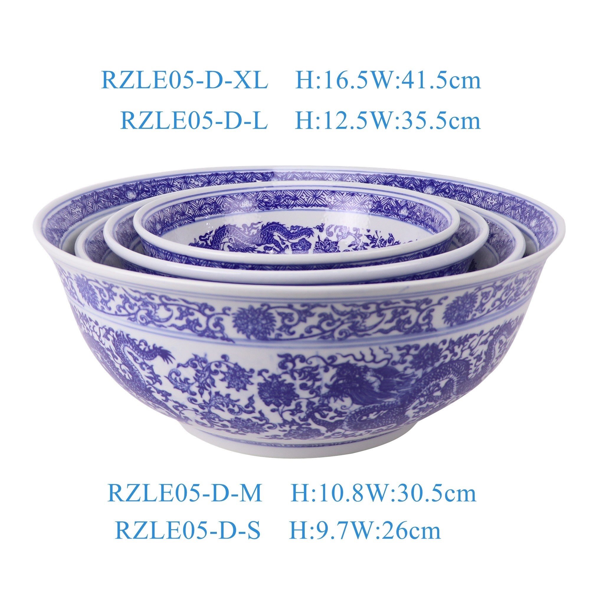 RZLE05-D-S-M-L-XL 青花龙纹大碗10英寸12英寸14英寸16英寸四件套组合   