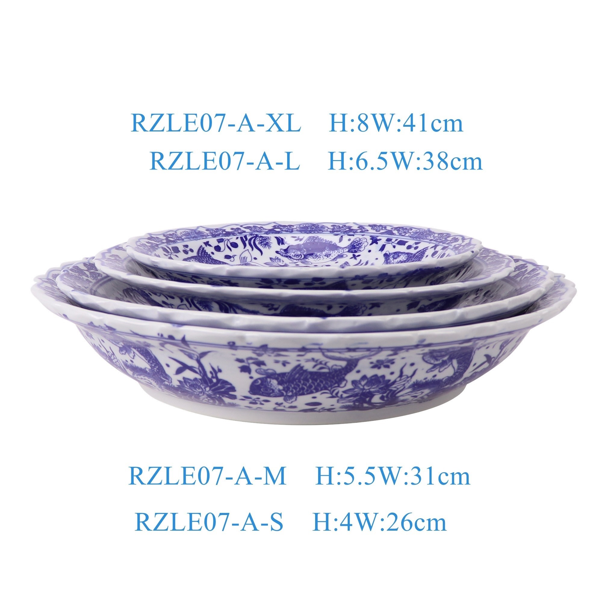 RZLE07-A-S-M-L-XL 青花鱼藻纹花边角盘10英寸12英寸14英寸16英寸四件套组合 