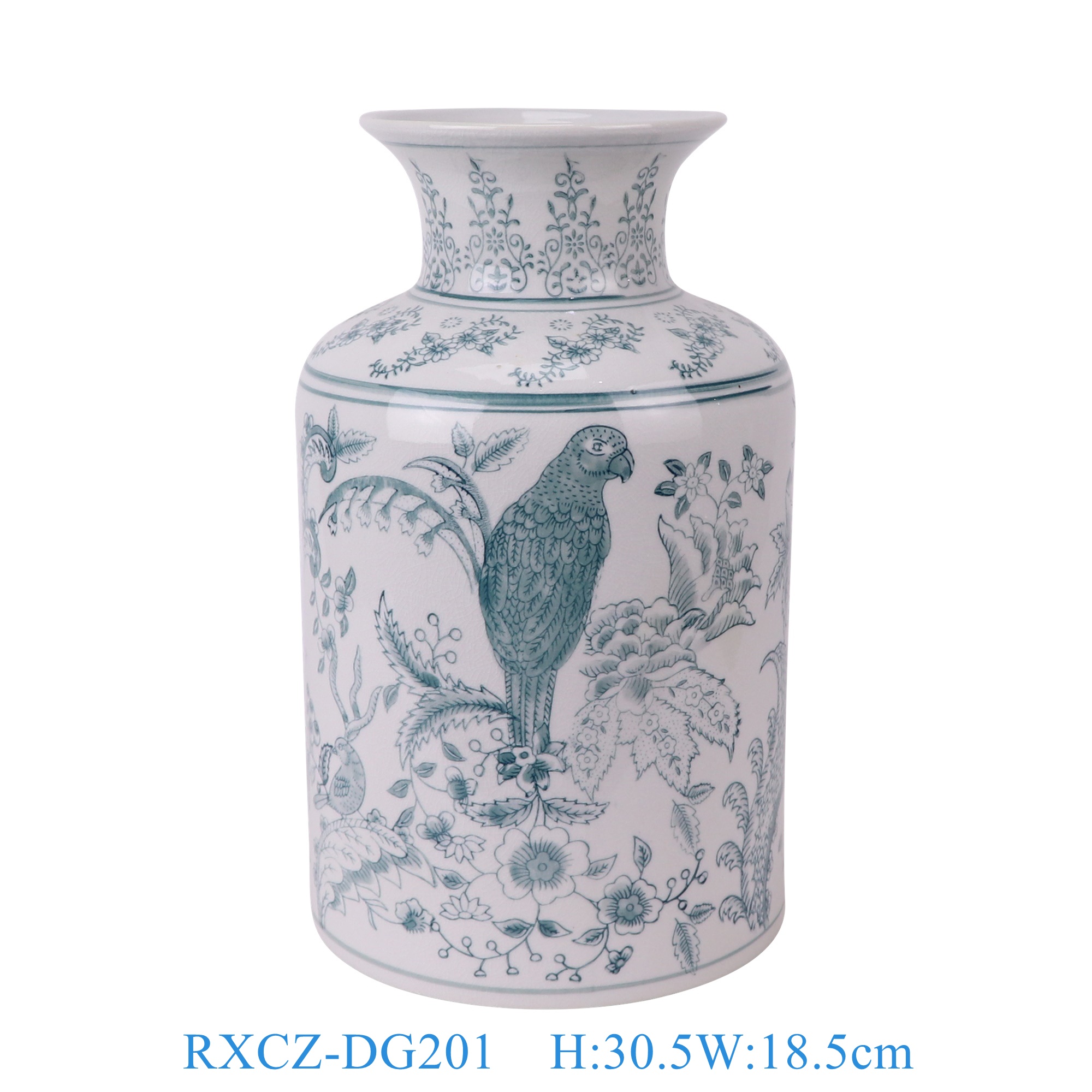 RXCZ-DG201 裂纹釉绿色鹦鹉花鸟花瓶中号  