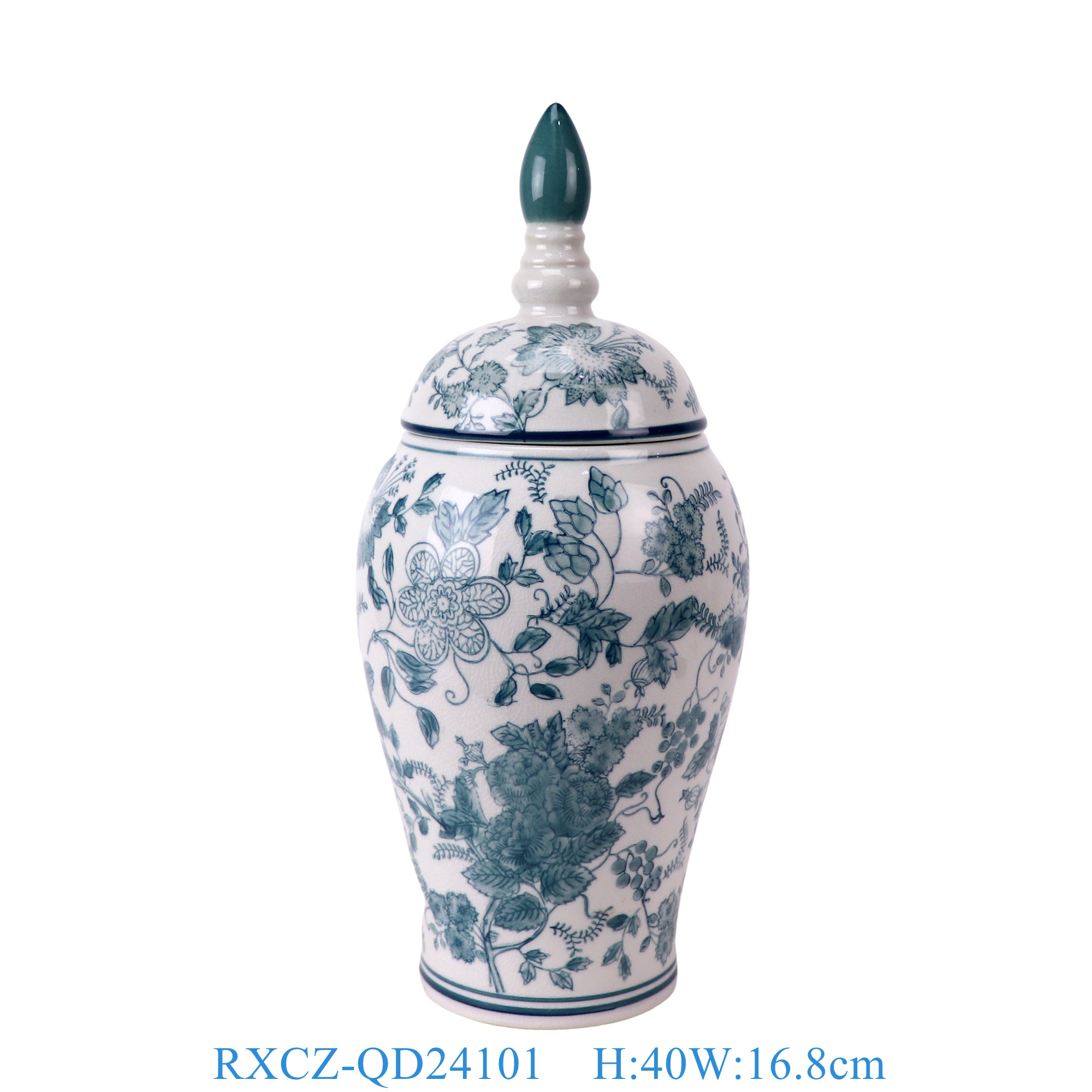 RXCZ-QD24100-RXCZ-QD24101-RXCZ-QD24102-zuhe 裂纹釉绿色花叶纹将军罐大号中号小号组合