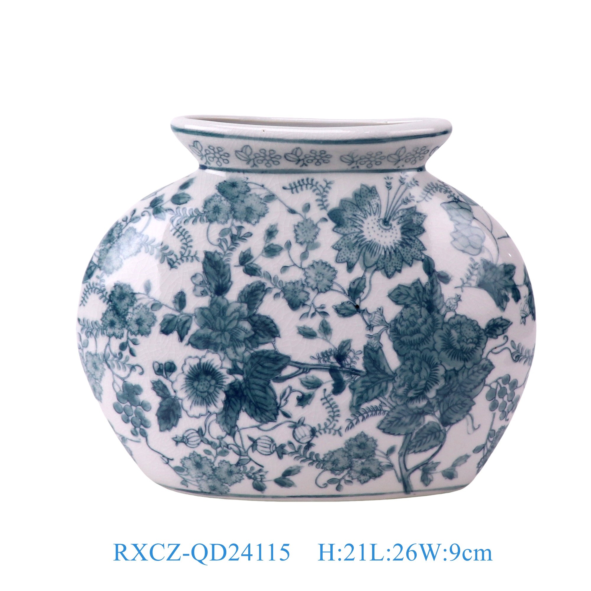 RXCZ-QD24115 裂纹釉绿色花叶纹扁肚瓶小号   