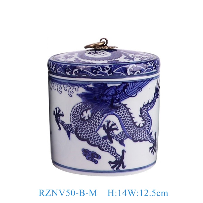 RZNV50-B-M 青花龙纹铜环盖罐中号  