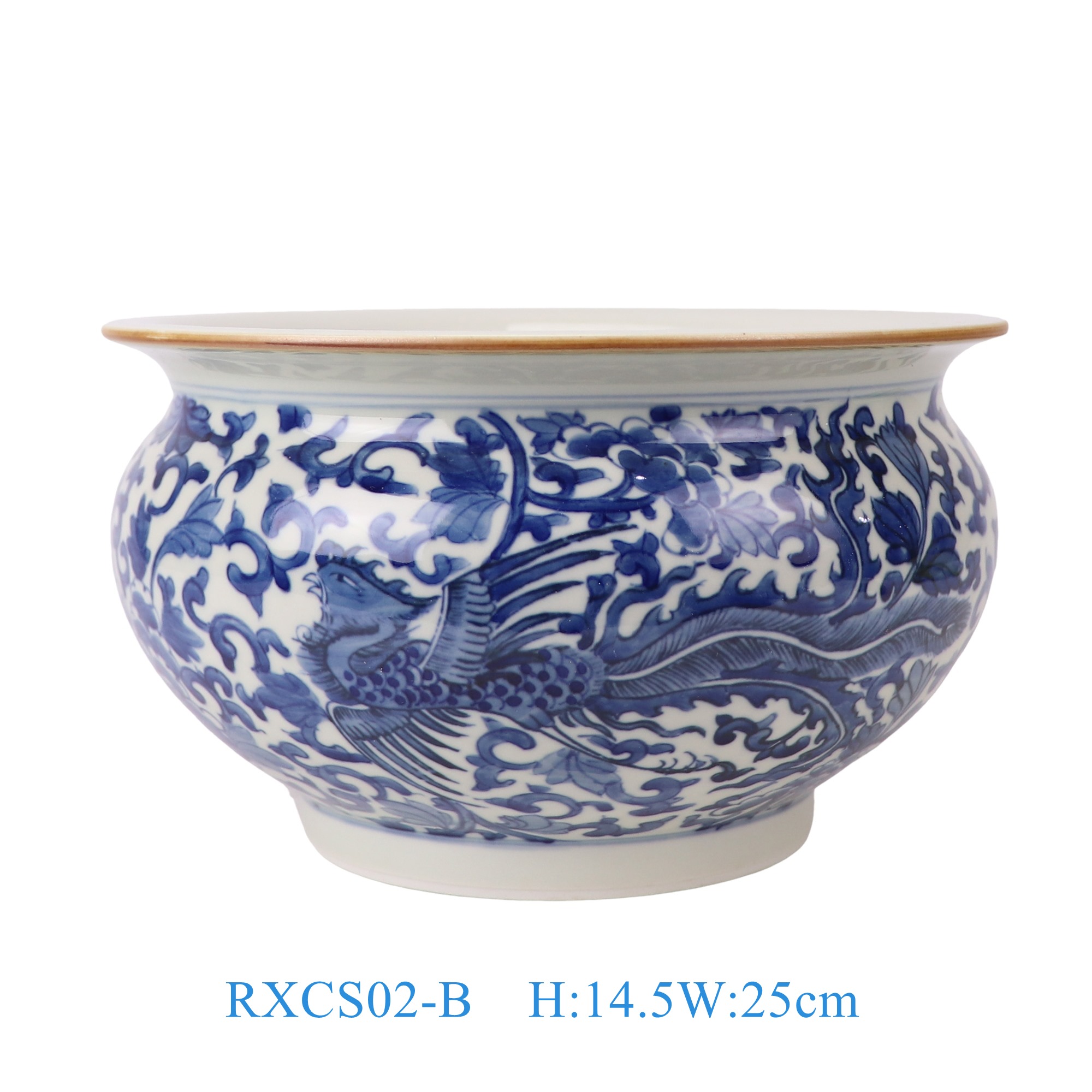 RXCS02-B 青花凤凰牡丹纹小缸水浅香炉 