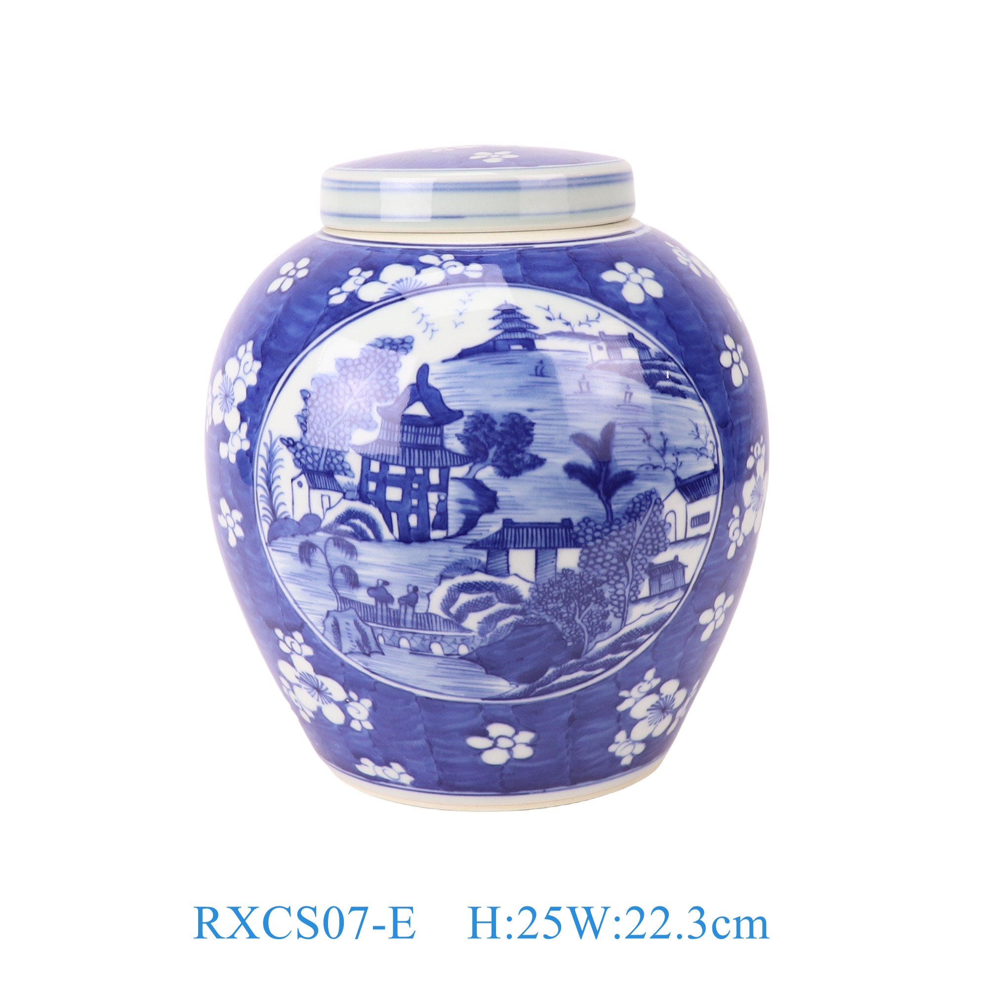 RXCS07-E 青花冰梅开窗山水纹圆罐坛子 