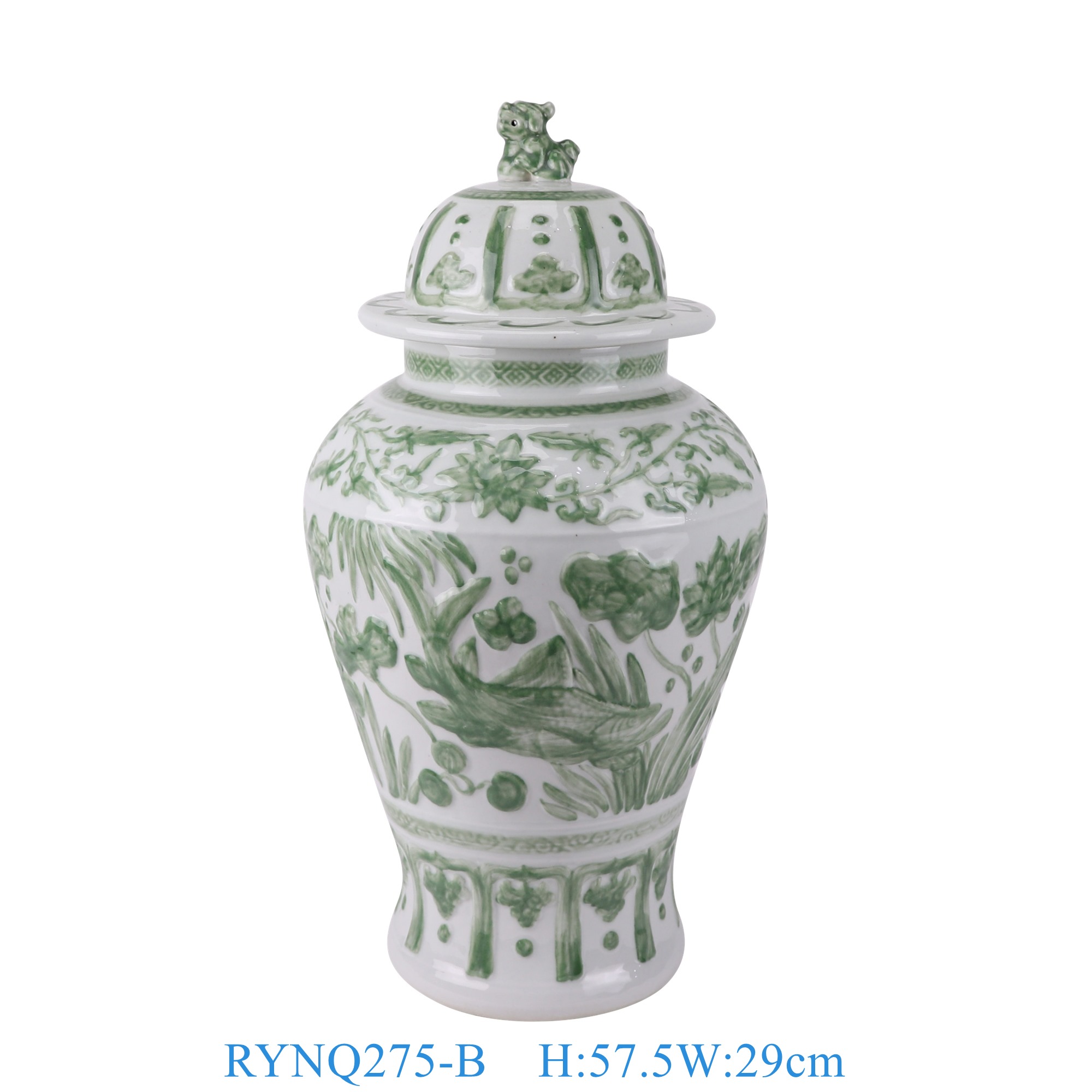 RYNQ275-B 绿色雕刻鱼藻纹狮子头将军罐  