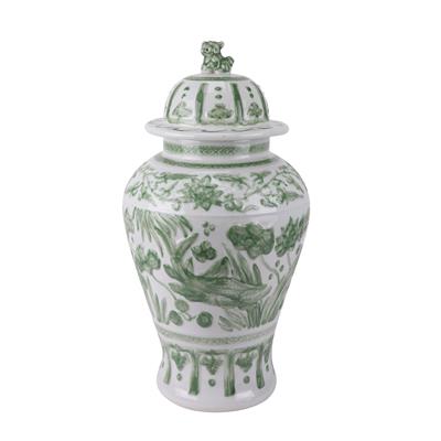 RYNQ275-B 绿色雕刻鱼藻纹狮子头将军罐  