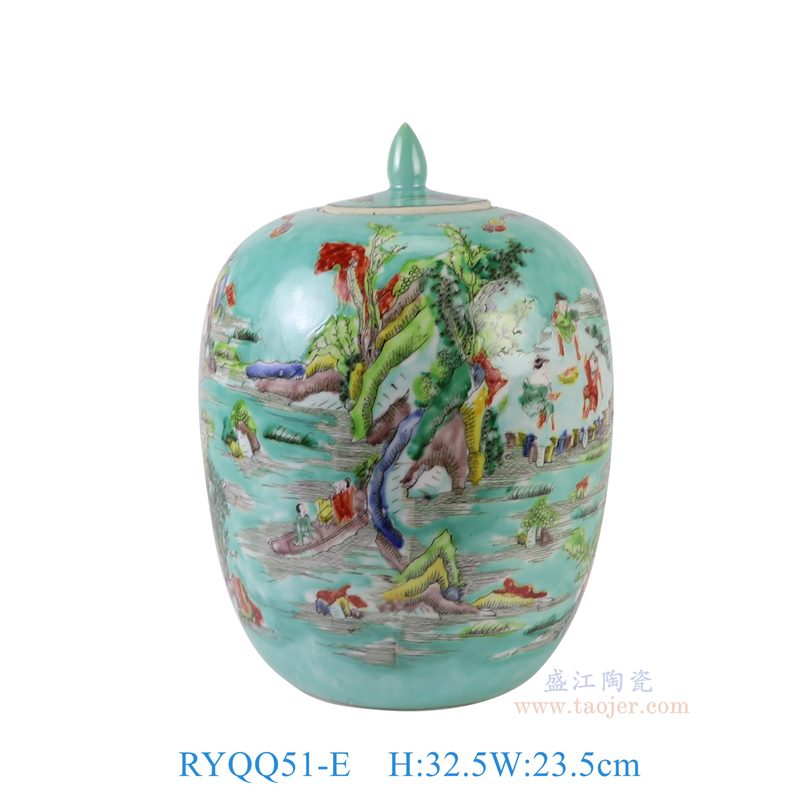 RYQQ51-E 粉彩绿底人物山水纹冬瓜罐   