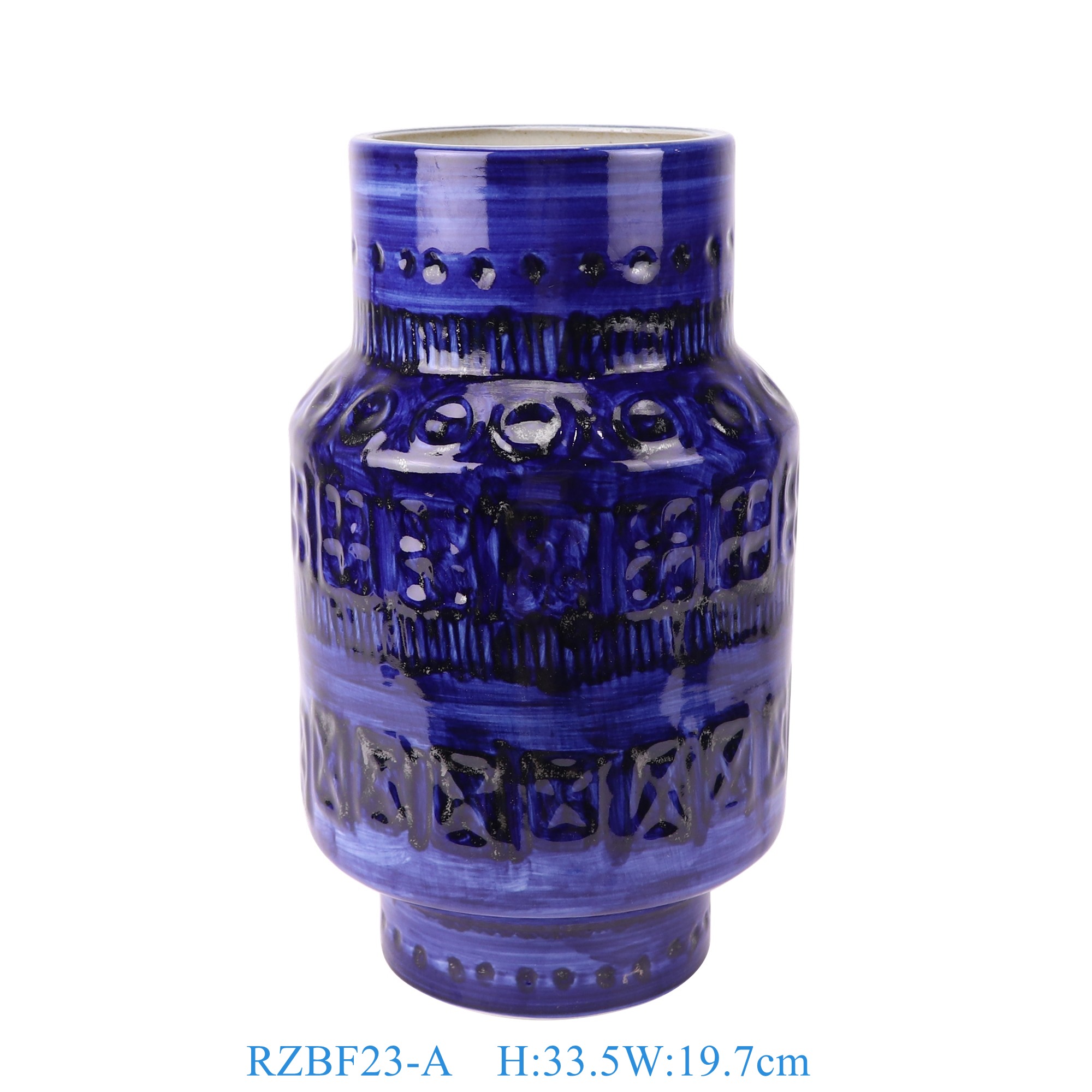 RZBF23-A 深蓝青花雕刻田字纹福桶瓶