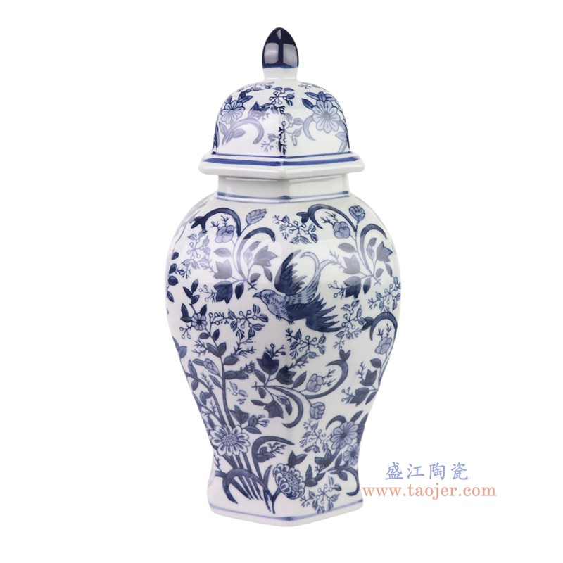 RXCF13-A 青花花鸟六角将军罐   
