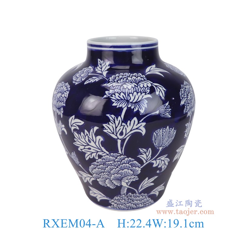 RXEM04-A青花蓝底花叶纹大肚罐花瓶