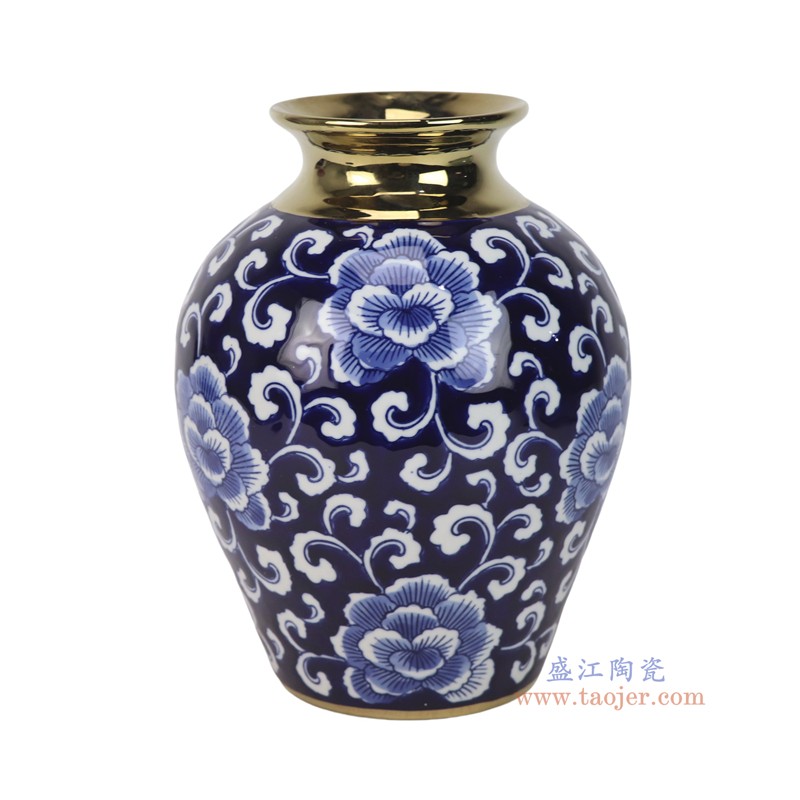 RXCD46-A蓝底青花花叶纹镀金花瓶